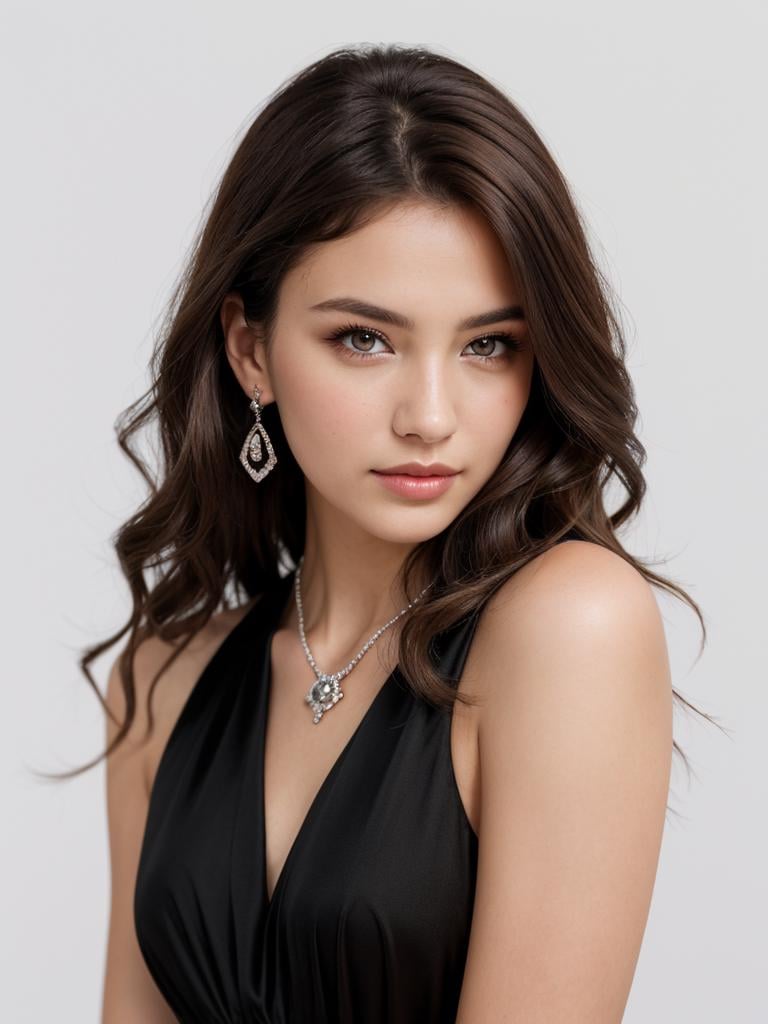 fashion photography, studio lighting, soft light, highly detailed skin, upper body, face focus, BREAK,1girl, solo, age 18, 18yo,  pose for magazine, look at viewer, wearing (elegant black dress:1.4), (elegant (diamonds:1.1) and gems earrings:1.1), (elegant (diamonds:1.1) and gems necklaces:1.1), BREAK,(white background:1.4), BREAK,wavy hair, (brown hair:1.4), (brown eyes:1.4)