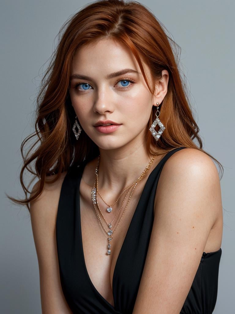 fashion photography, studio lighting, soft light, highly detailed skin, upper body, face focus, BREAK,1girl, solo, age 18, 18yo,  a young and beautiful (Caucasian woman:1.4) pose for magazine, (look at viewer:1.2), wearing (black dress:1.4), (elegant diamonds earrings:1.2), (elegant diamonds necklaces:1.3), BREAK,(white background:1.4), BREAK,((ginger hair:1.2), grey blue eyes:1.2)