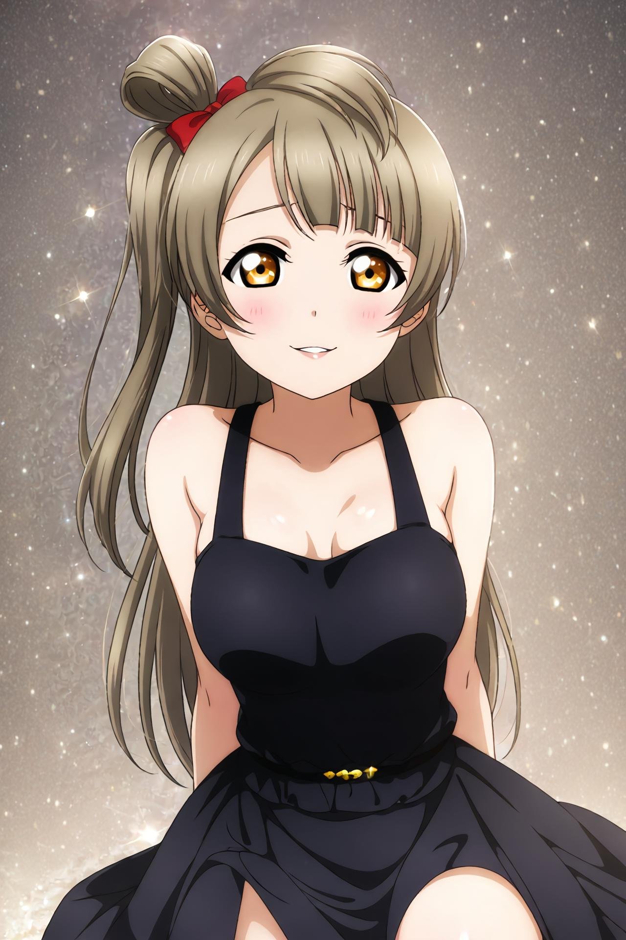 masterpiece, high quality, defined pupil, looking at viewer, rounded pupil, defined iris, (soft iris:1.2),1girl, sitting,naughty smile, frown, teeth,(black cocktail dress:1.2), (slim dress:1.2),simple background,(slightly_big_breasts:1.3),  perfect_breasts, sexy_body,  long hair, one side up,ADDBASEmasterpiece, high quality, defined pupil, looking at viewer, rounded pupil, defined iris, (soft iris:1.2),1girl, sitting,naughty smile, frown, teeth,(black cocktail dress:1.2), (slim dress:1.2),simple background,(slightly_big_breasts:1.3),  perfect_breasts, sexy_body,  long hair, one side up, <lora:id_kotori_minami:1>