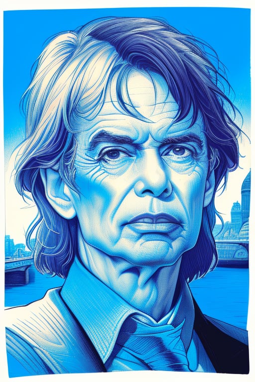 A red crosshatching of the full head and face of a Mick Jagger, London in the background, partially shaded face,  monochrome, spot color, blue theme, linear hatching, crosshatched lineart, XTCH, portrait,XTCH