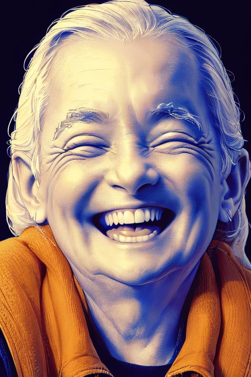 an xtch crosshatching illustration of an older woman laughing hysterically, (front facing:1.6), (her face emerging from darkness:1.4), (split lighting from left side:1.4), front lighting from below, highly detailed, dynamic range, ochre background, tan theme, ochre, tan and orange, spot color, ultra detailed, high quality, extremely fine and beautiful design, award winning, masterpiece, sharp focus, 8K ,XTCH, art style, crosshatching, crosshatch, illustration, portrait, shading, XTCH, art style, crosshatching, crosshatch, illustration, portrait, shading,