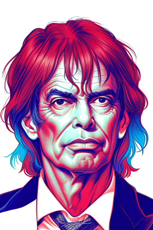 A crosshatching of the full head and face of a Mick Jagger, London in the background, partially shaded face, linear hatching, crosshatched lineart, XTCH, portrait,XTCH