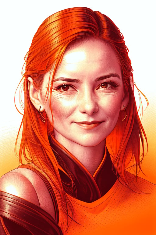 A highly detailed XTCH crosshatching portrait of the full head, face and shoulders of an adventure woman, realistic, ultra detailed hatching, partly shaded face, orange theme, red background, spot color,