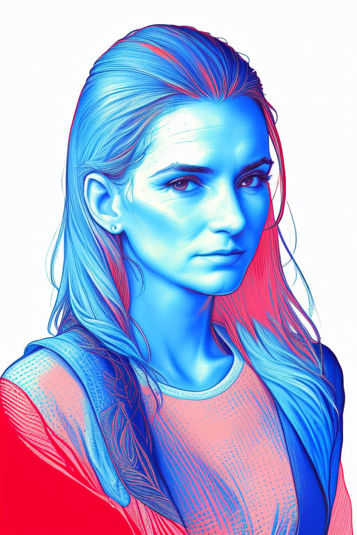 A highly detailed XTCH crosshatching portrait of the full head, face and shoulders of an adventure woman, realistic, ultra detailed hatching, partly shaded face, blue theme, red background, spot color, intricately detailed, hatched lineart, sharp hatching lines, highest quality, masterpiece, 8K, XTCH, crosshatch, portrait,
