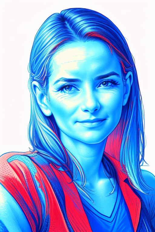 A highly detailed XTCH crosshatching portrait of the full head, face and shoulders of an adventure woman, realistic, ultra detailed hatching, partly shaded face, blue theme, red background, spot color, intricately detailed, hatched lineart, sharp hatching lines, highest quality, masterpiece, 8K, XTCH, crosshatch, portrait,