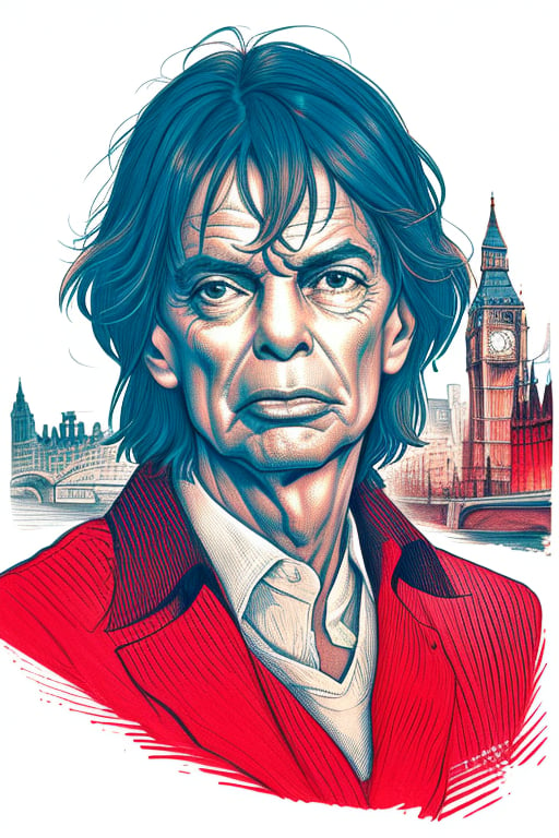 A red crosshatching of the full head and face of a Mick Jagger, London in the background, partially shaded face, linear hatching, crosshatched lineart, XTCH, portrait,XTCH