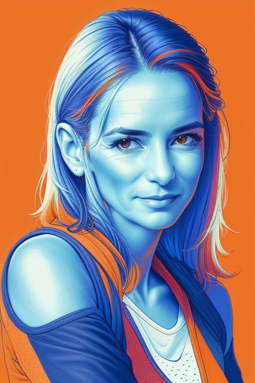 A highly detailed XTCH crosshatching portrait of the full head, face and shoulders of an adventure woman, realistic, ultra detailed hatching, partly shaded face, orange theme, red background, spot color,