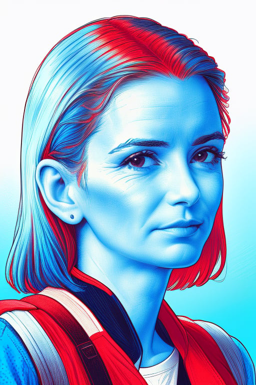 A highly detailed XTCH crosshatching portrait of the full head, face and shoulders of an adventure woman, realistic, ultra detailed hatching, partly shaded face, blue theme, red background, spot color, intricately detailed, hatched lineart, sharp hatching lines, highest quality, masterpiece, 8K, XTCH, crosshatch, portrait,