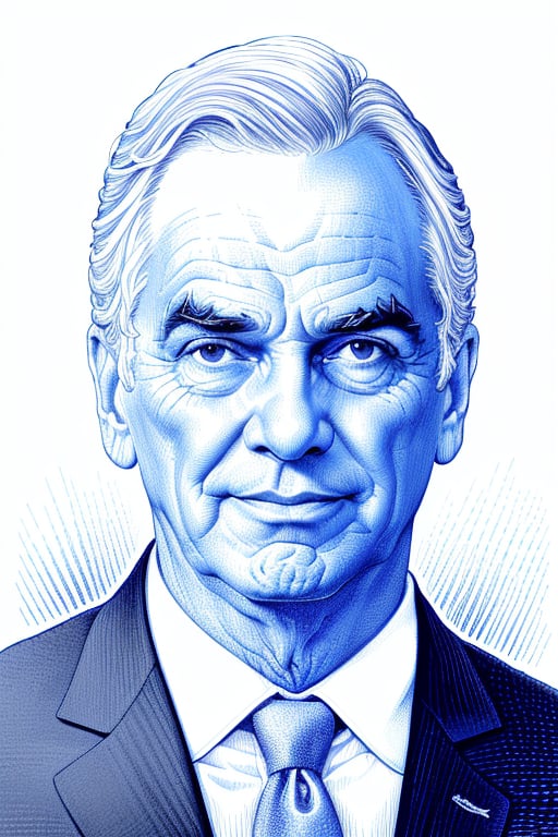 A highly detailed color linear crosshatching portrait, the full head and face of a friendly man with one cocked eyebrow. Simple background, thick eyebrows, partially shaded face, blue theme, spot color, line art, intricately detailed overlapping crosshatching lines, linear hatching, crosshatched lineart, XTCH, crosshatching, portrait,