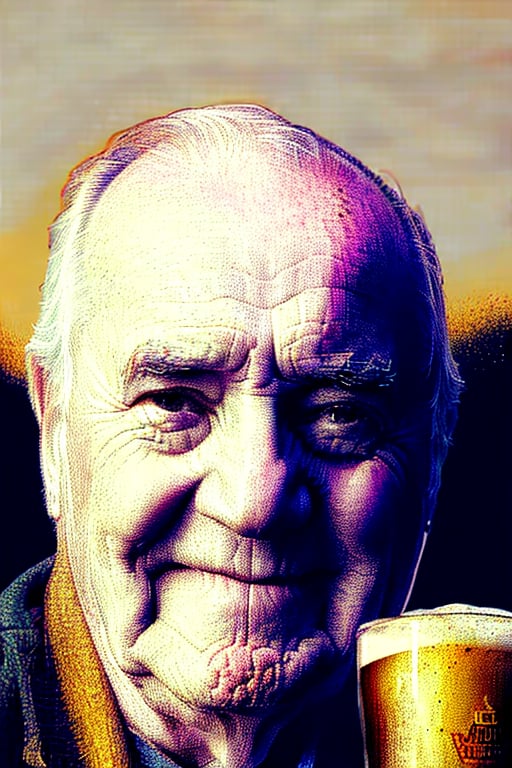 an ultra detailed two color xtch crosshatching illustration of an older Irishman drinking a pint of Guinness, (front facing:1.6), (his face emerging from darkness:1.4), (split lighting from left side:1.4), front lighting from below, highly detailed, dynamic range, ochre background, green theme, ochre, tan and orange, spot color, ultra detailed, high quality, extremely fine and beautiful design, award winning, masterpiece, sharp focus, 8K ,XTCH, art style, crosshatching, crosshatch, illustration, portrait, shading, XTCH, art style, crosshatching, crosshatch, illustration, portrait, shading,