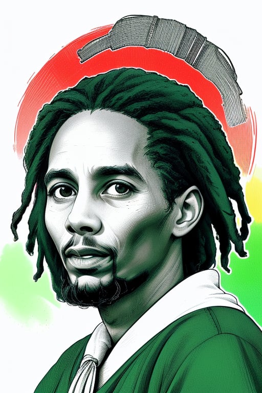 A color crosshatching of the full head and face of Bob Marley, London in the background, partially shaded face, green theme, linear hatching, crosshatched lineart, XTCH, portrait