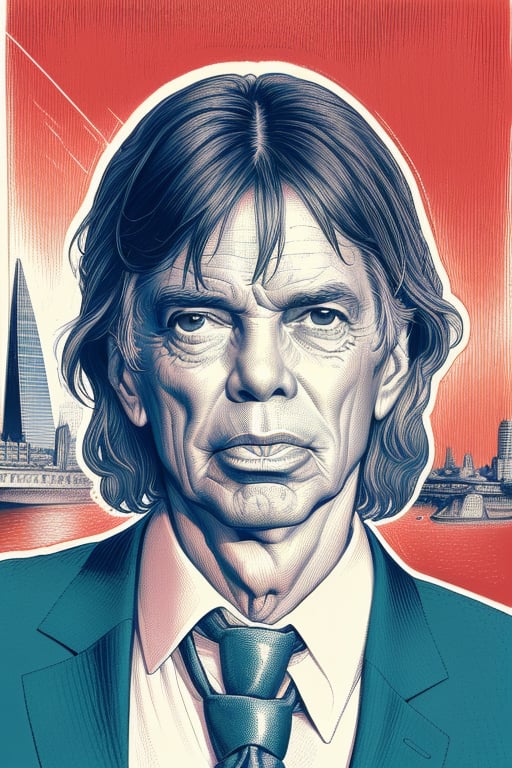 A highly detailed color crosshatching portrait of the full head and face of Mick Jagger and London in the background, monochrome, red theme, spot color, linear hatching, XTCH, portrait, crosshatching