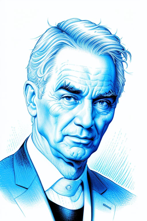 A highly detailed red linear crosshatching portrait, the full head and face of a friendly man with one cocked eyebrow. Simple background, thick eyebrows, partially shaded face, blue theme, spot color, line art, intricately detailed overlapping crosshatching lines, linear hatching, crosshatched lineart, XTCH, crosshatching, portrait,