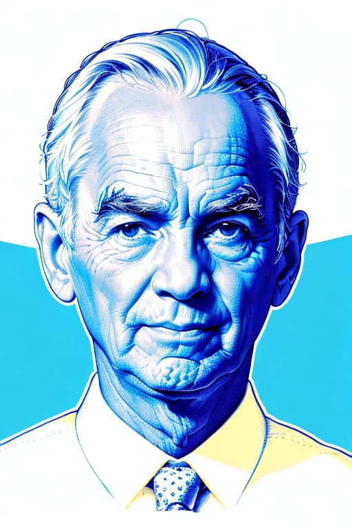 A highly detailed color linear crosshatching portrait, the full head and face of a friendly man with one cocked eyebrow. Simple background, thick eyebrows, partially shaded face, blue theme, spot color, monochrome, line art, intricately detailed overlapping crosshatching lines, linear hatching, crosshatched lineart, XTCH, art style, crosshatching, crosshatch, illustration, portrait, shading,