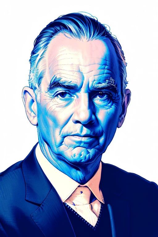 A highly detailed color linear crosshatching portrait, the full head and face of a friendly man with one cocked eyebrow. Simple background, thick eyebrows, partially shaded face, blue theme, spot color, monochrome, line art, intricately detailed overlapping crosshatching lines, linear hatching, crosshatched lineart, XTCH, art style, crosshatching, crosshatch, illustration, portrait, shading,