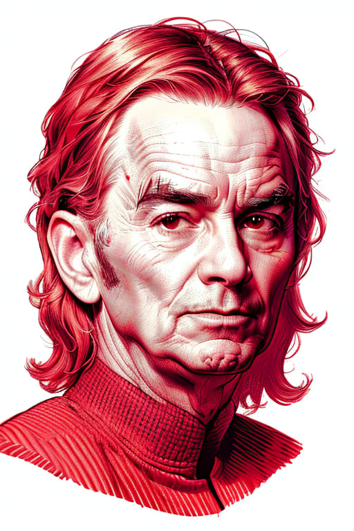 An ultra detailed XTCH color crosshatching portrait, medium shot of a friendly man with one red cocked eyebrow. Two-tone background, thick eyebrows, partially shaded face, pink theme, spot color, monochrome, line art, intricately detailed overlapping crosshatching lines, linear hatching, crosshatched lineart, XTCH, crosshatching, portrait, art style, crosshatch, illustration, portrait, shading,