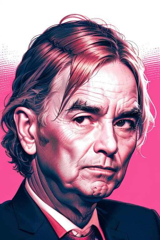 An ultra detailed XTCH color crosshatching portrait, medium shot of a friendly man with one red cocked eyebrow. Two-tone background, thick eyebrows, partially shaded face, pink theme, spot color, monochrome, line art, intricately detailed overlapping crosshatching lines, linear hatching, crosshatched lineart, XTCH, crosshatching, portrait, art style, crosshatch, illustration, portrait, shading,