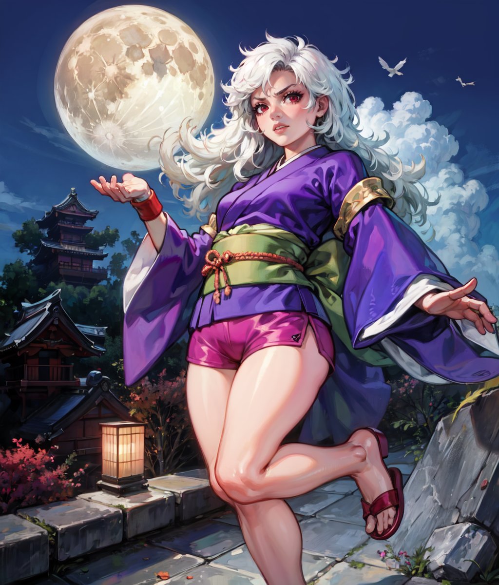 masterpiece, 1 girl, solo,  white hair, long hair, messy hair, riboon, red eyes, purple outfit, pink shorts, japanese clothes, wristband, tabi, sandals, standing, outdoors, angry, jumping, japanese castle rooftop, moon <lora:Momoka Hininden Gauss:0.8>