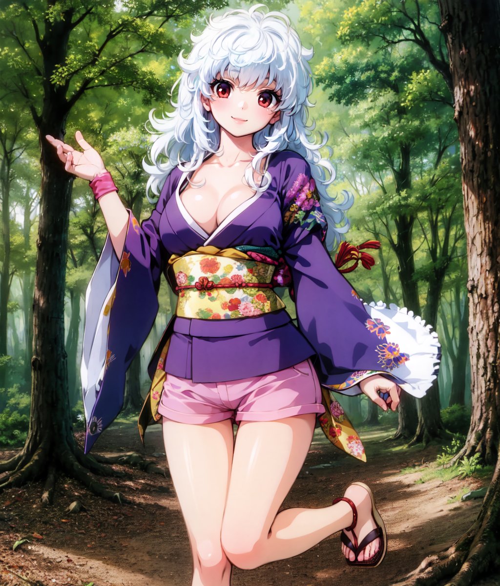 masterpiece, 1 girl, solo,  white hair, long hair, messy hair, riboon, red eyes, purple outfit, pink shorts, japanese clothes, wristband, tabi, sandals, medium breasts, cleavage, standing, outdoors, forest, smile <lora:Momoka Hininden Gauss:0.8>