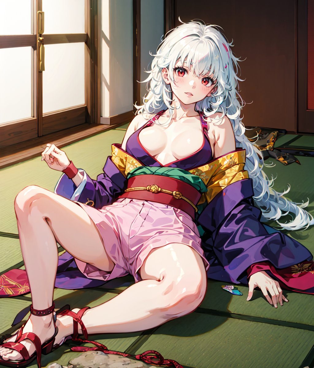 masterpiece, 1 girl, solo,  white hair, long hair, messy hair, riboon, red eyes, purple outfit, pink shorts, japanese clothes, wristband, tabi, sandals, medium breasts, cleavage, open clothes, sarashi, blushing, lying on floor, indoors, japanese castle, <lora:Momoka Hininden Gauss:0.8>