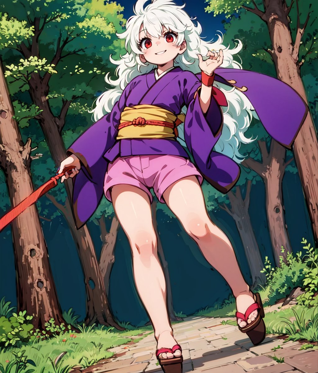 masterpiece, 1 girl, solo,  white hair, long hair, messy hair, riboon, red eyes, purple outfit, pink shorts, japanese clothes, wristband, tabi, sandals, standing, outdoors, forest, smile <lora:Momoka Hininden Gauss:0.8>