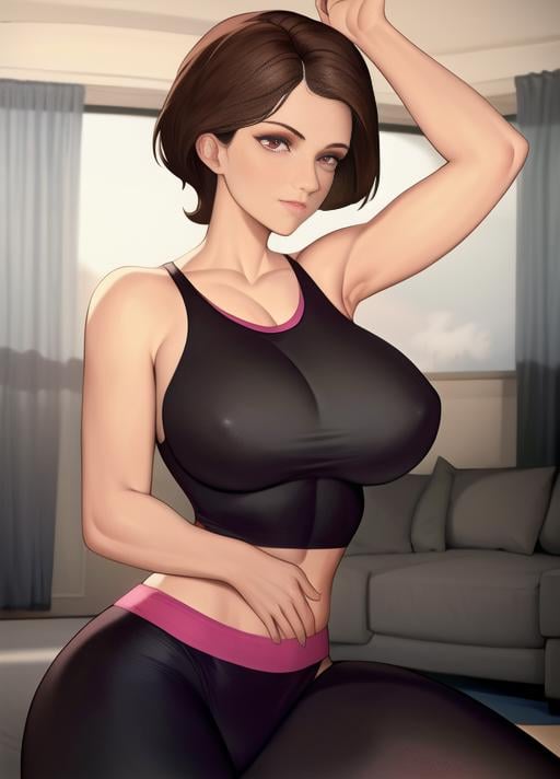 helen parr, masterpiece, best quality, mature female, toned, gym, yoga mat, black leggings, pink tank top,