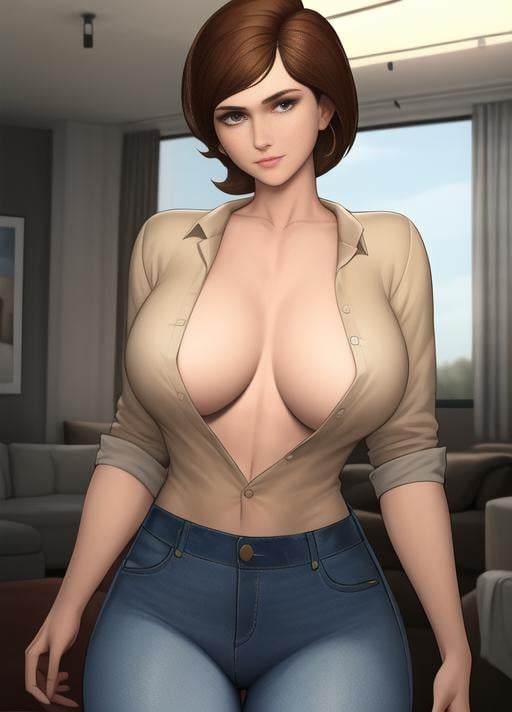 helen parr, masterpiece, best quality, mature female, toned,  jeans, beige buttoned shirt, cleavage, jeans pull, pulled by self, 