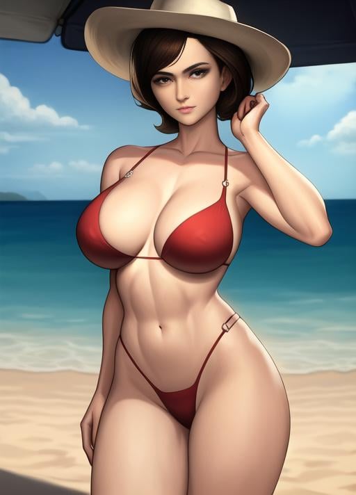 helen parr, masterpiece, best quality, cowboy shot, mature female, toned, beach, 