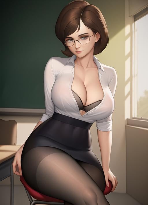 helen parr, masterpiece, best quality, mature female, toned, teacher, chalkboard, glasses, white buttoned shirt, black skirt, cleavage, sitting on desk, crossed legs, pantyhose under skirt, black bra under shirt, 