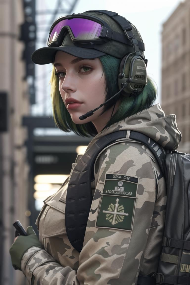 <lora:ela_(rainbow_six_siege):0.8>, ela_(rainbow_six_siege), masterpiece, best quality, 1girl, solo, goggles, camouflage, backpack, hat, green hair, goggles on head, headset, realistic, short hair, jacket, upper body, headphones, military, looking at viewer, bag, lips, uniform, blurry