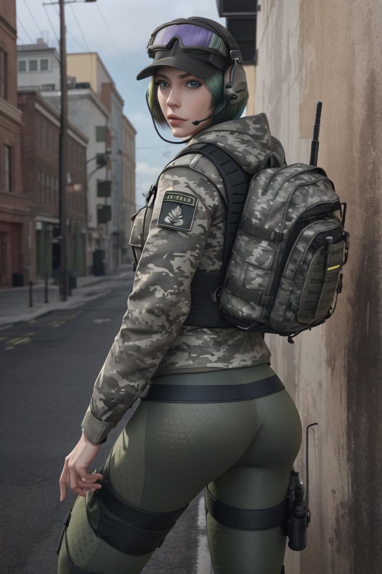 <lora:ela_(rainbow_six_siege):0.8>, ela_(rainbow_six_siege), masterpiece, best quality, 1girl, camouflage, solo, green hair, backpack, boots, hat, goggles, goggles on headwear, ass, pants, looking at viewer, jacket, hood, bag, short hair, headset, blue eyes, camouflage jacket, gloves, holster, hood down, looking back, thigh holster, radio antenna, military, headphones, leggings, closed mouth, camouflage pants, huge ass, outdoors, 