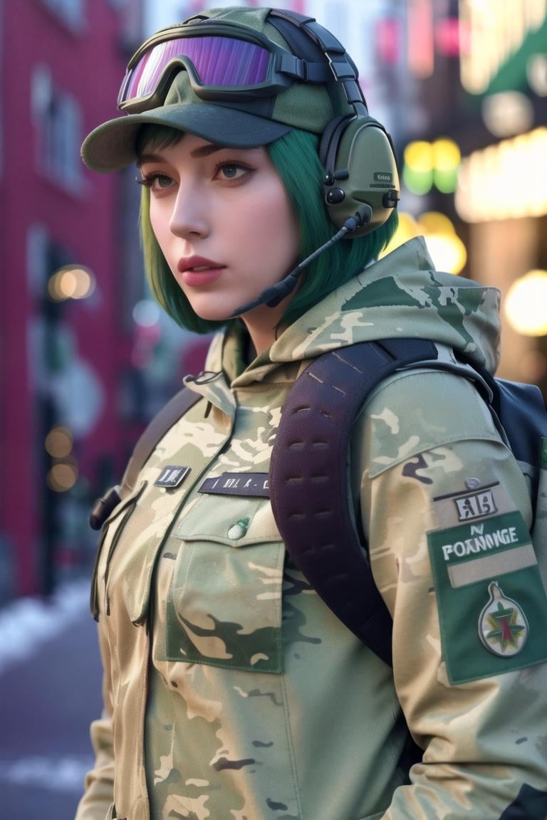 <lora:ela_(rainbow_six_siege):0.8>, ela_(rainbow_six_siege), masterpiece, best quality, 1girl, solo, goggles, camouflage, backpack, hat, green hair, goggles on head, headset, realistic, short hair, jacket, upper body, headphones, military, looking at viewer, bag, lips, uniform, blurry