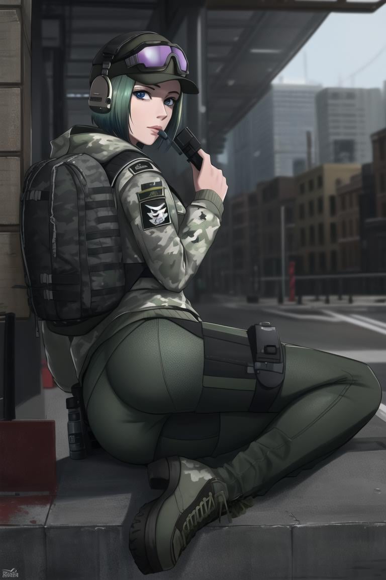 <lora:ela_(rainbow_six_siege):0.8>, ela_(rainbow_six_siege), masterpiece, best quality, 1girl, solo, camouflage, ass, blue eyes, goggles, green hair, hat, backpack, short hair, looking back, headset, bag, looking at viewer, sunglasses, goggles on head, camouflage pants, military, sitting, lips, boots, tinted eyewear, baseball cap, eyewear on head, uniform