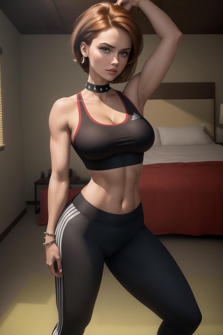 <lora:helen_parrv2:0.8>, helen parr, masterpiece, best quality, 1girl, solo, sports bra, breasts, shoes, sneakers, jewelry, navel, bandaid on face, full body, medium breasts, spikes, yoga pants, bracelet, bandaid, pants, cleavage, spiked bracelet, brown hair, midriff, earrings, toned, hand on hip, tight pants, arm up, standing, armpits, adidas, crop top, lips, sportswear