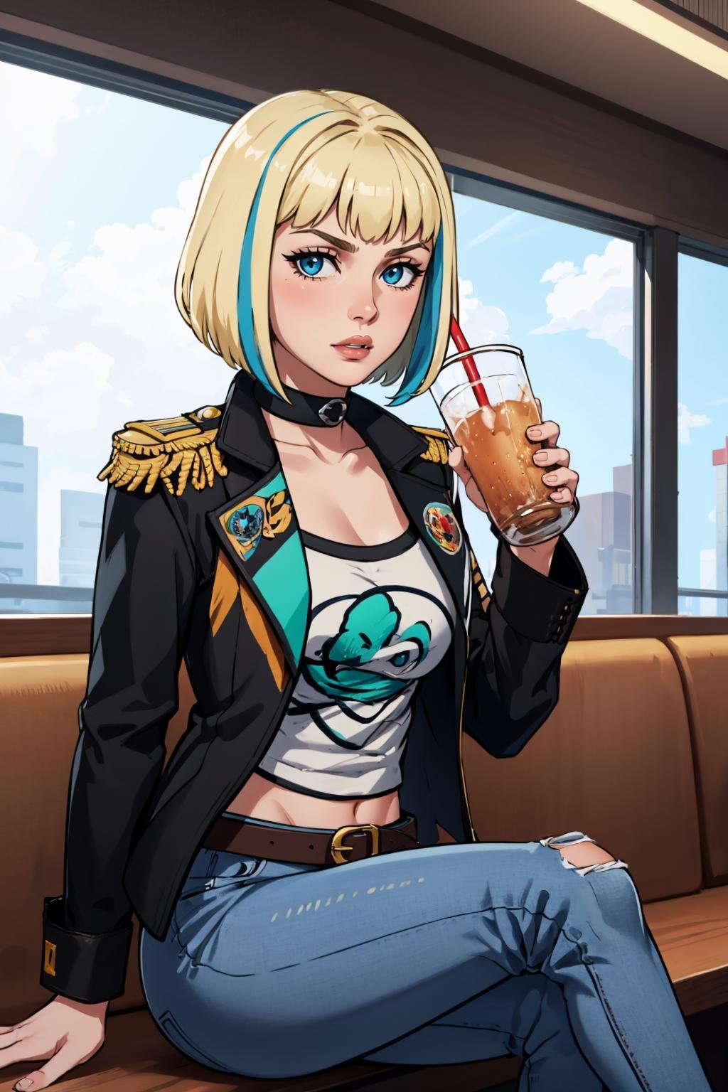 masterpiece, best quality,1girl, solo, breasts, looking at viewer, <lora:elar6-guy-v2:1>, elar6, lips, multicolored hair, blonde hair, streaked hair, bangs, choker, jacket, open jacket, leather jacket, black jacket, epaulettes, shirt, belt, jeans, torn jeans, sitting, restaurant, drink, 