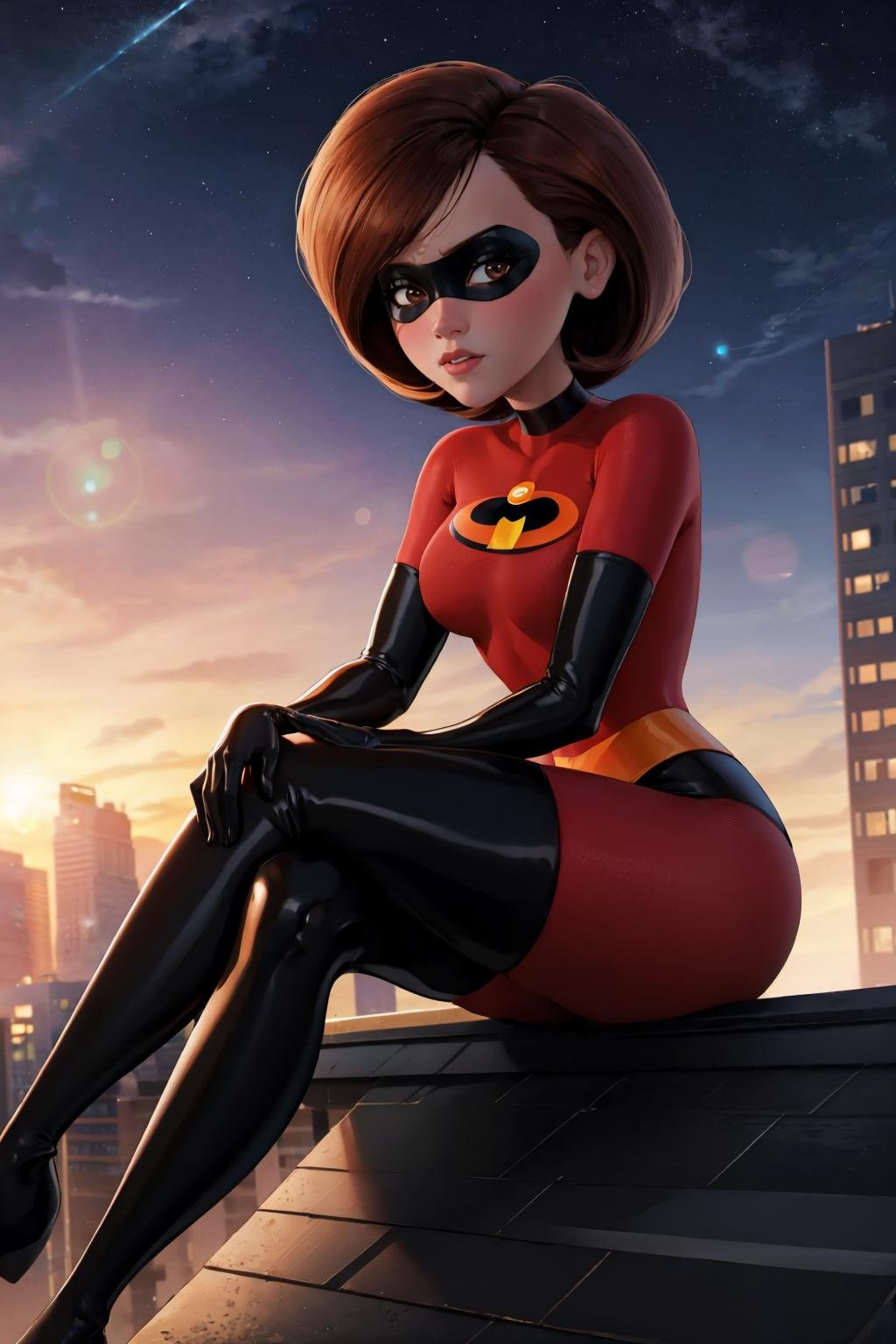 masterpiece, best quality, outdoors, lens flare, depth of field, 1girl, solo, looking at viewer, breasts, <lora:helenparr-guy-v3:1>, helenparr, domino mask, mask, bodysuit, elbow gloves, thighhighs, thigh boots, sitting, rooftop, night sky, crossed legs