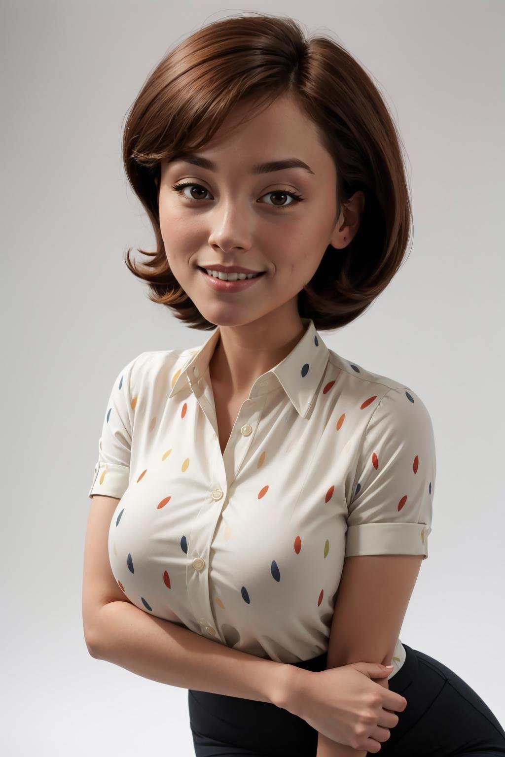 masterpiece, best quality, 1girl, solo, looking at viewer, breasts, <lora:helenparr-guy-v3:1>, helenparr, polka dot, collared shirt, dress shirt, buttons, black pants, simple background, white background, portrait, seductive smile, 