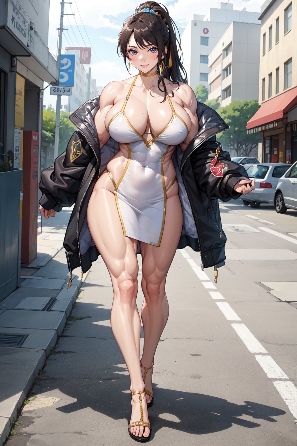 masterpiece, best quality, muscular female, muscle mommy, milf, large breasts,1girl,solo,abs,muscular, Embellished bomber jacket, silk slip dress, metallic sandals
