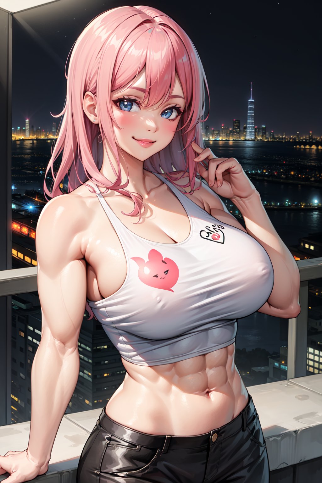 masterpiece, best quality, muscular female, muscle mommy, milf, large breasts, 1girl, solo, abs, muscular, Graphic t-shirt with a vibrant illustration of a cityscape at night with colorful lights and skyscrapers