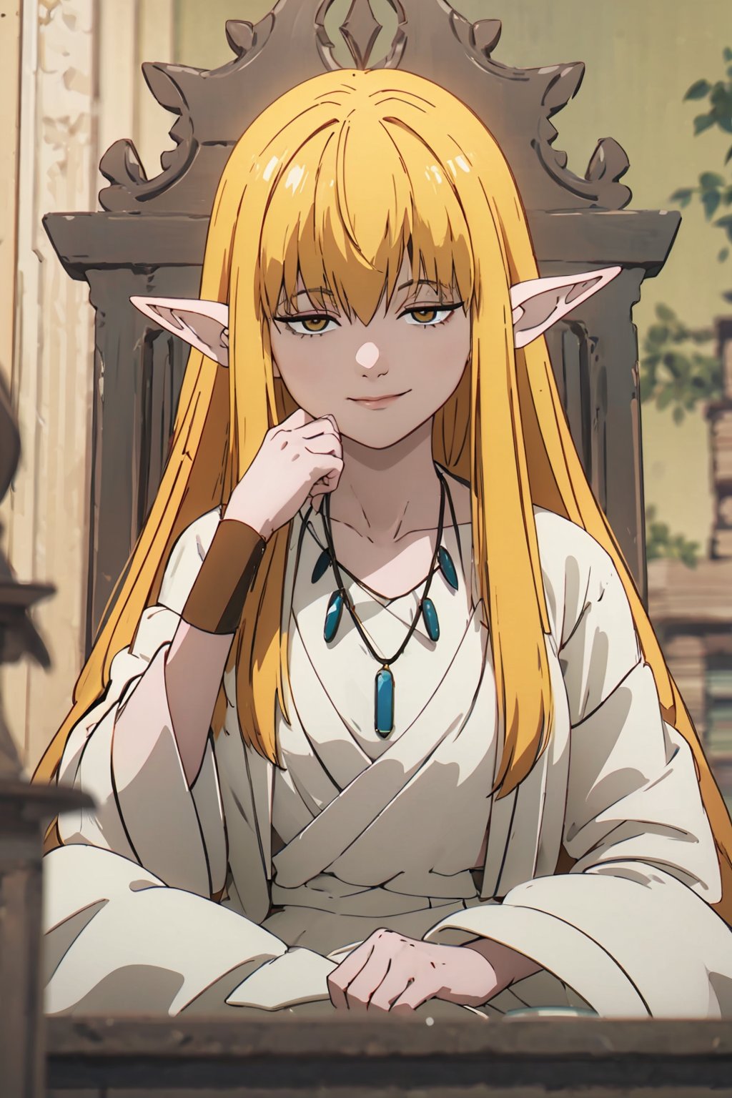 1girl, solo, blurry_background, blurry, dress, long_hair,  white_dress, white_hair, bangs, white_theme, depth_of_field, lips, closed_mouth, looking_at_viewer,  long_sleeves, wide_sleeves,   yellow eyea, pointy ears,  sitting on a throne, serie, blonde, necklace, smirk, upper body, collarbone, 
