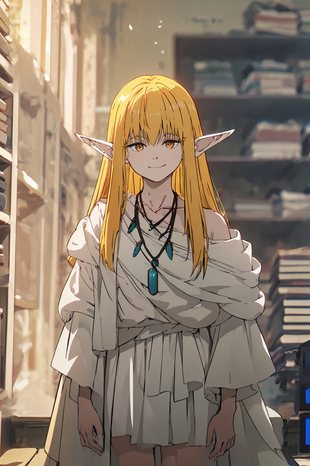 1girl, solo, blurry_background, blurry, dress, long_hair,  white_dress, shoulder, yellow eyes, pointy ears,  serie, blonde, necklace, upper body, collarbone, serie, indoors, midjourney, mature_female, smirk, full_body, bare_feet