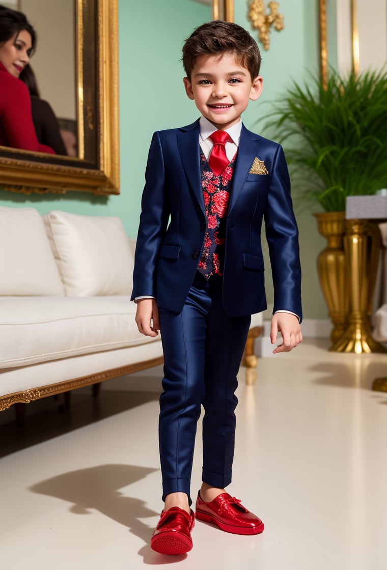 solo, 1boy, little boy 8 year-old caucacian white skin ((looking at viewer)) full body, ornament gold black suit, white pants, red tie, sneakers white, Dolce & Gabbana, standing on living room, (men suit floral print) smile, red shiny shoes, gold watch