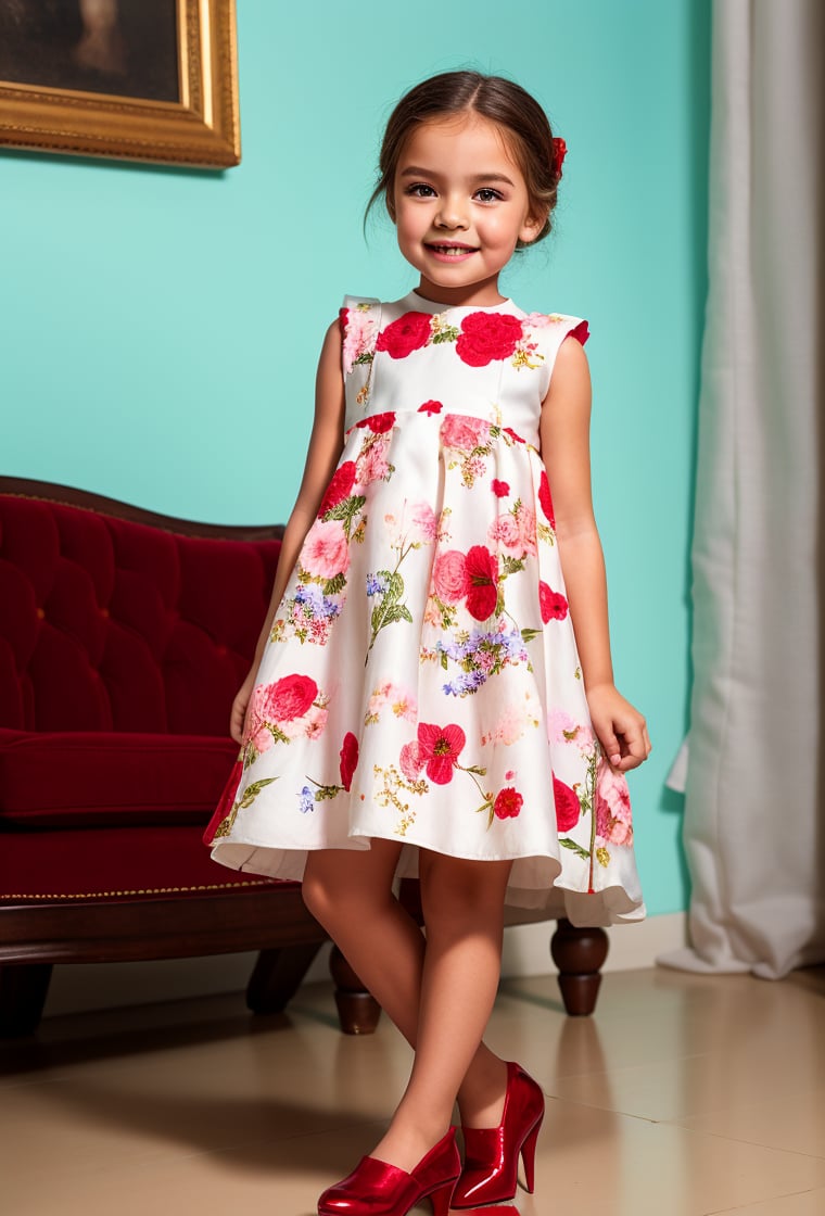 solo, 1girl, little girl 8 year-old caucacian white skin ((looking at viewer)) full body, ornament flower big white dress, Dolce & Gabbana, standing on living room, (dress floral print) smile, red shiny shoes,