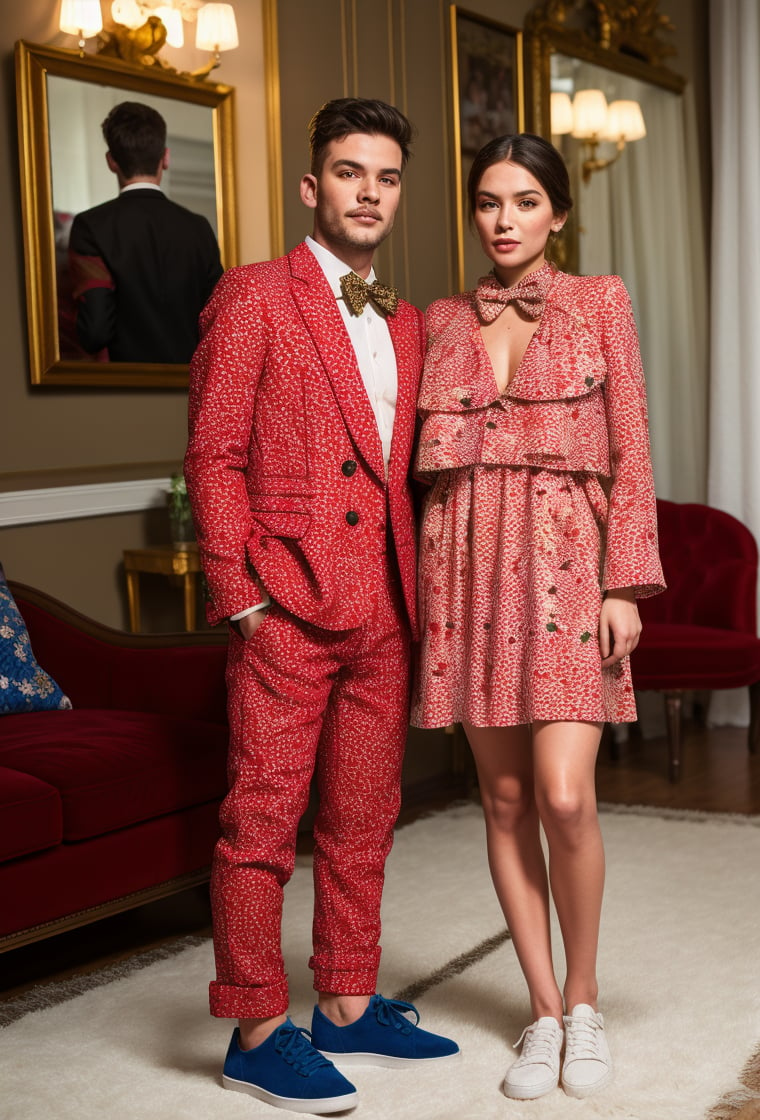 1boy, 1girl, together, caucacian white skin ((looking at viewer)) portrait from full body, animal print suit, bow tie, sneakers white, Dolce & Gabbana, standing on living room, (girl dress),(men suit floral print)Dolce & Gabbana,Dolce & Gabbana