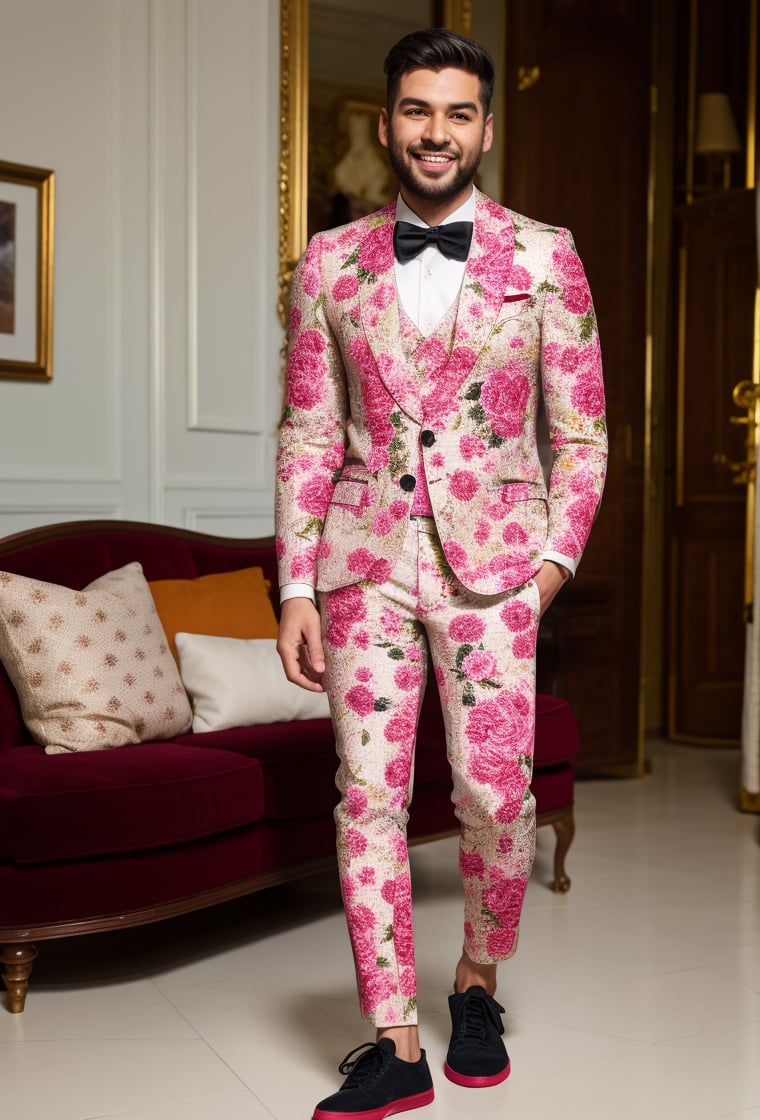 solo, 1boy, boy 33 year-old caucacian white skin ((looking at viewer)) full body, black rose suit, white pants, bow tie, sneakers white, Dolce & Gabbana, standing on living room, (men suit floral print) smile