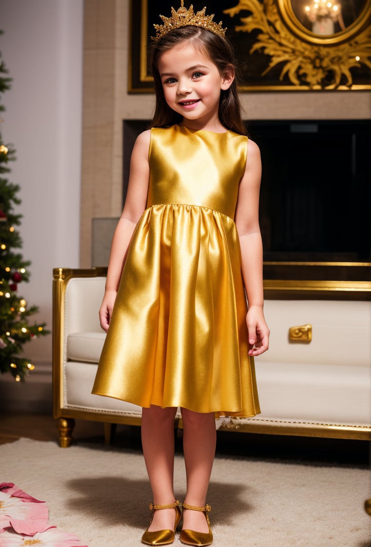 solo, 1girl, little girl 8 year-old caucacian white skin ((looking at viewer)) full body, ornament gold whit suit, white dress, Dolce & Gabbana, standing on living room, (dress floral print) smile, red shiny shoes, gold watch