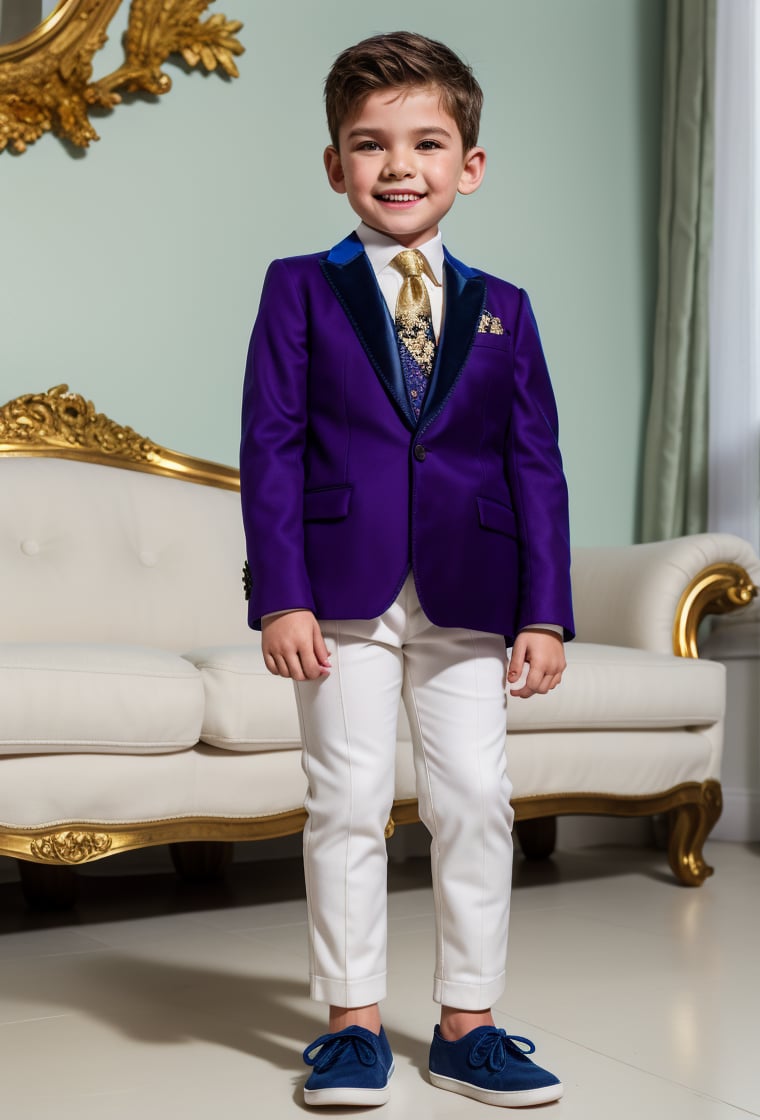 solo, 1boy, little boy 8 year-old caucacian white skin ((looking at viewer)) full body, ornament gold black suit, white pants, violet tie, sneakers white, Dolce & Gabbana, standing on living room, (men suit floral print) smile