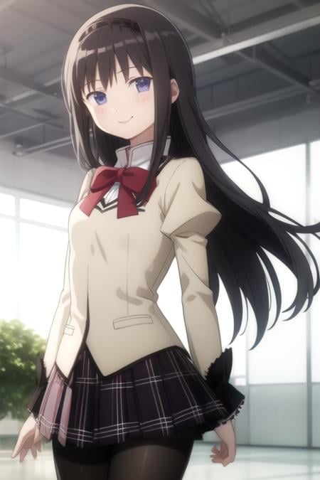 ((masterpiece)),(best quality),official art,extremely detailed CG,unity 8k wallpaper,ultra detailed,beautiful detailed eyes,extremely detailed face,1girl,solo,cowboy shot,looking at viewer,facing viewer,smile,long_hair,black_hair,black_hairband,sidelocks,bangs,purple_eyes,mitakihara_school_uniform,puffy detached sleeves,red_bowtie,long_sleeves,pleated skirt,plaid_skirt,black_pantyhose,loafers,<lora:Akemi Homura(pmmm)>,