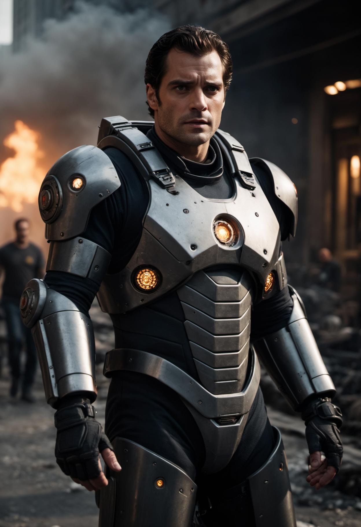 cinematic film still, darkly moody professional photograph,   (man in intricately detailed heavy duty mech suit,  pistons, armor plating, heavy weapons:1.4) , black hair, stubble, grim expression, (dirty face:1.4), (henry cavill|hugh jackman:1.3), (sweaty, dirty, filthy, dried blood:1.3), (explosions, ruined futuristic city, fighting everywhere, rubble, scorch marks,  bullet holes:1.5), dynamic angle, professional,  moody cinematic lighting,  highly detailed, high budget, bokeh, cinemascope, moody, epic, gorgeous,