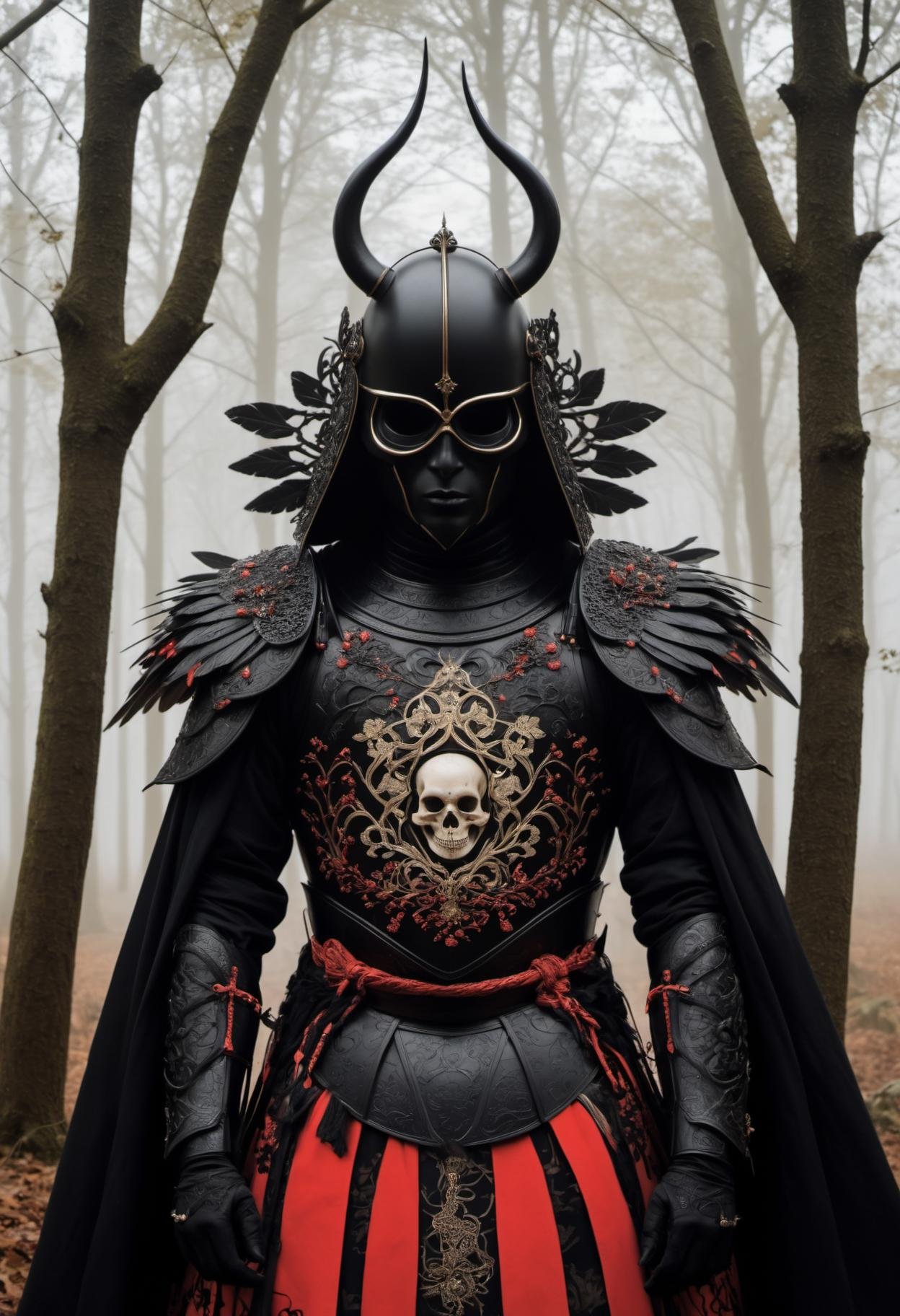 ( 8k, gradient art by Harry Clarke Hayv Kahraman ), (1man:1.3), (night),   body portrait, a menacing fully armored black samurai, (intricately filigreed black yoroi, scroll worked ebony armor,  full skull styled horned helm, skull face guard:1.3), (black and red symmetrical feathered wings:1.2), in the haunted dark forest, (twisted gnarled trees, ghostly swirling energies:1.3),